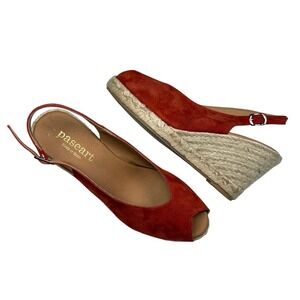 Paseart Slingback Espadrille‎ Wedge Sandals Peep Toe Orange Suede Leather 39/8
